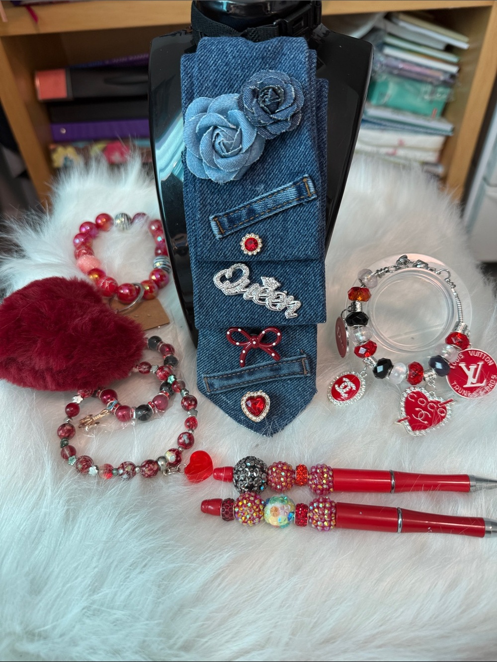 Denim Embellished Statement Necklace with Floral Appliqué Junk Tie